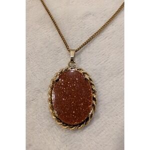 Vintage Lang 12K Gold Filled Goldstone Oval Pendant Curb Chain Necklace 24 Inch
